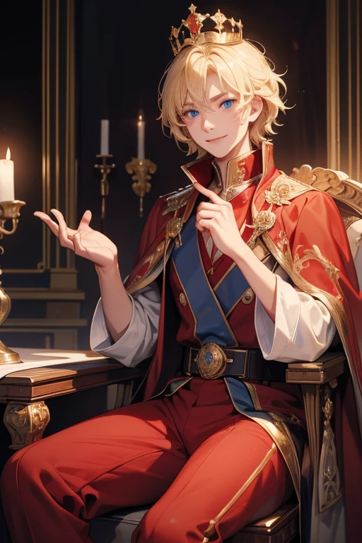 masterpiece, Highest quality, Very detailed, 16K, Ultra-high resolution, Perfect Fingers, Detailed face, One Boy, blue eyes, Blonde, smile, Red Cape, Luxurious clothes, crown, royal palace, Sitting on the throne