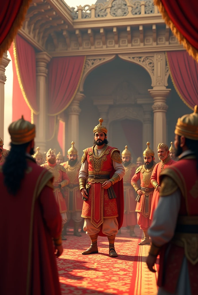 In cinematic 3d cartun style'दृश्य: मेवाड़ में एक शाही दरबार की स्थापना, जहाँ महाराणा प्रताप अपने दरबारियों और रणनीतिकारों को संबोधित करते हुए दिखाई देते हैं।