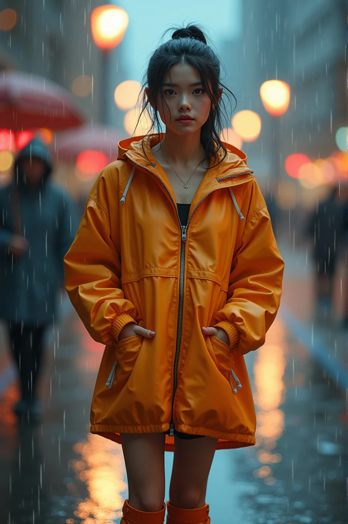 Here's the prompt used to create the image:

"A beautiful young girl standing in the rain, wearing a stylish rain dress and a pair of rain boots. Her hair is tied back in a neat ponytail. The rain dress is bright and colorful, made of waterproof material, and has a hood that she is not wearing, allowing the rain to lightly sprinkle on her. Raindrops are falling around her, creating a lively atmosphere. The background features a soft, blurred cityscape with glowing streetlights in the distance, enhancing the cozy and rainy ambiance."