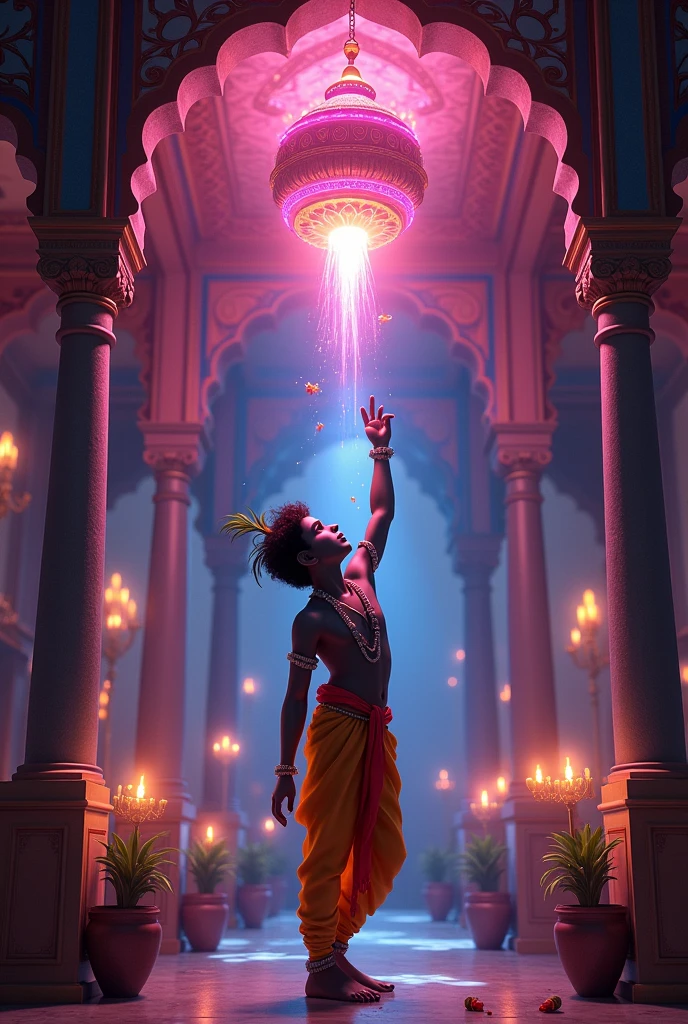 Beautiful young Lord Krishna at  breaking dahi handi placed at top inside the house at night with neon lights 