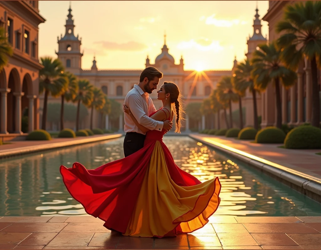 Beautiful couple dancing in Plaza de Espana Sevilla, the woman is wearing red yellow flattering dress with ruffles