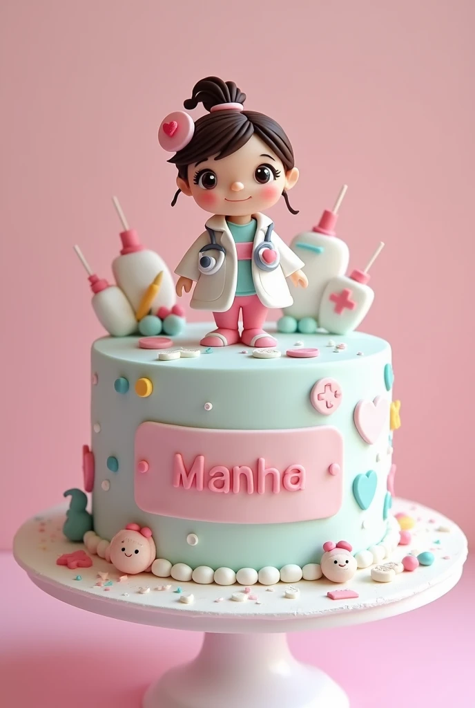 A pink and white cake with doctor theme for 1year old baby girl named Manha