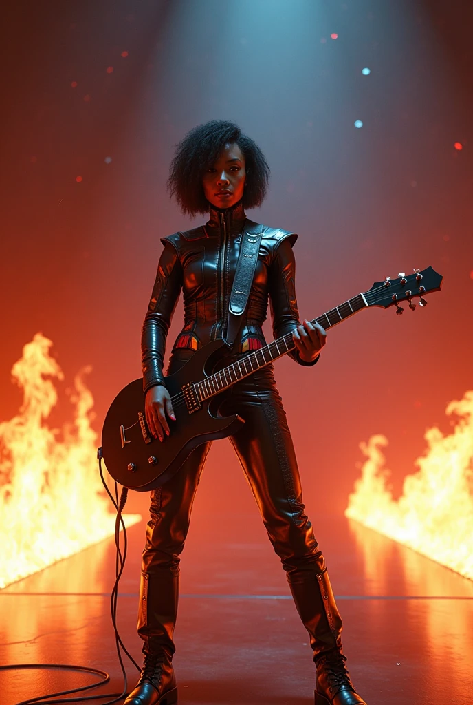Create an image of a black woman in a futuristic outfit holding a guitar at a rock concert where the stage is in space and there are flames of fire on the sides of the stage