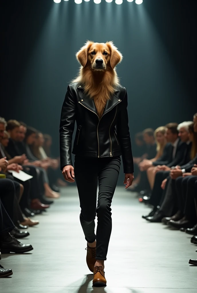 A cinematic fashion show with a figure wearing a black leather jacket, brown shoes and dark pants. The figure should be short and have the head of a cute golden retriever, confidently walking down the runway. The background should be dramatically lit and the audience sitting on both sides watching the show.