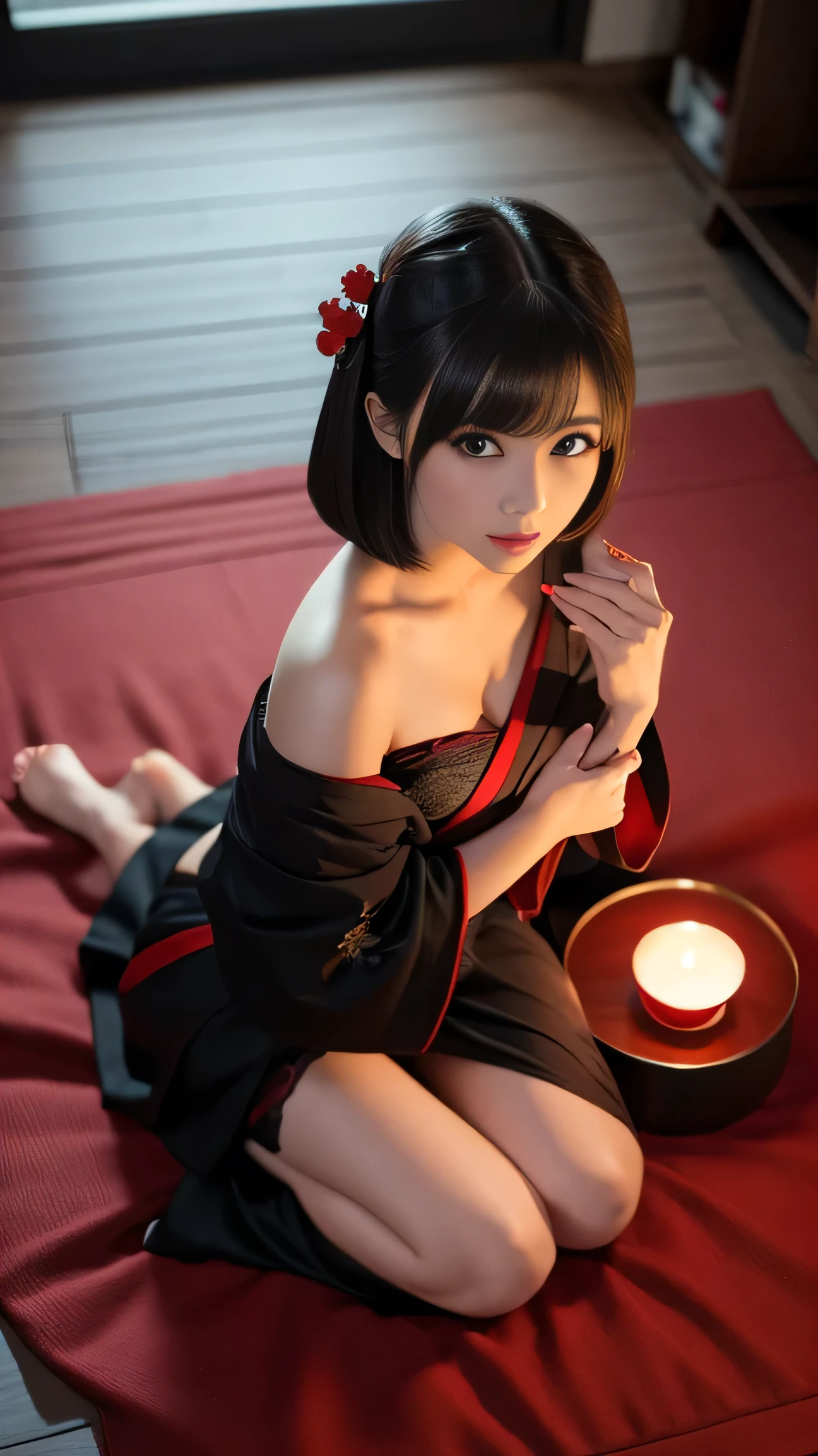 score_9, score_8_up, score_7_up, score_6_up, score_5_up, score_4_up,   solo, geisha woman, blue eyes, blue geisha outfit, seductive, lying, legs, thighs, black geisha hair ornament, blonde, (view from above:1.1), posing, seductive, curvy, full body, spreading legs, black pubic hair, legs, feet, very beautiful, black trim, indoors, Japanese bedroom, fantasy, cherry blossoms, highly detailed, black and red theme, candlelight, night, dark, soft lighting, golden particles