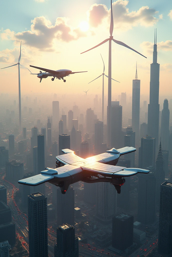metropolitan cities images, include Solar energy, Wind power, solar Drone 