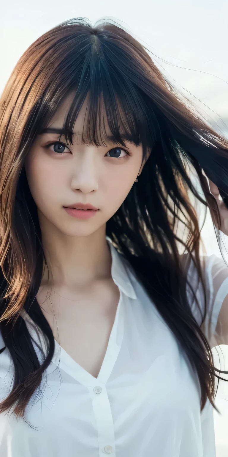 masterpiece、Highest quality, Ultra-high resolution、8k,photograph、1 girl, (Skin dents), Large Breasts:1.5), bright, Blurred Background, (Asymmetrical bangs, Please comb your hair、very long wavy hair:1.5), (Floating Hair:1.0)、(loose transparent blouse)、(A blouse that lets your skin show through)、soft, drooping udder、The chest is slightly visible and sexy、Heterochromia iridis、sad、grassland、Spring Sky、Soft sunlight