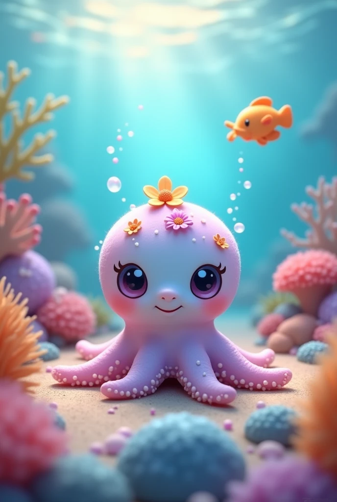 A photorealistic 4K image of a charming and whimsical underwater scene featuring a small, adorable octopus with a cute, cartoon-like appearance. The octopus has large, expressive eyes that convey a sweet and friendly look, its body a blend of soft pastel colors like pink, lavender, and light blue. Tiny decorative elements like small flowers adorn its head, adding a delightful touch. The background is a vibrant underwater world teeming with colorful corals, sea anemones, and gently rising bubbles. Soft, glowing sun rays filter down through the water, creating a magical and serene atmosphere. Small, colorful fish swim nearby, enhancing the lively and enchanting underwater environment. The overall feel of the image is playful, cute, and full of wonder, with meticulous attention to detail for an ultra-realistic style. Art inspirations: Pixar, Studio Ghibli. Lighting: Soft and diffused, underwater caustics. Camera: Close-up shot, shallow depth of field. Render: Octane Render, 8K resolution.