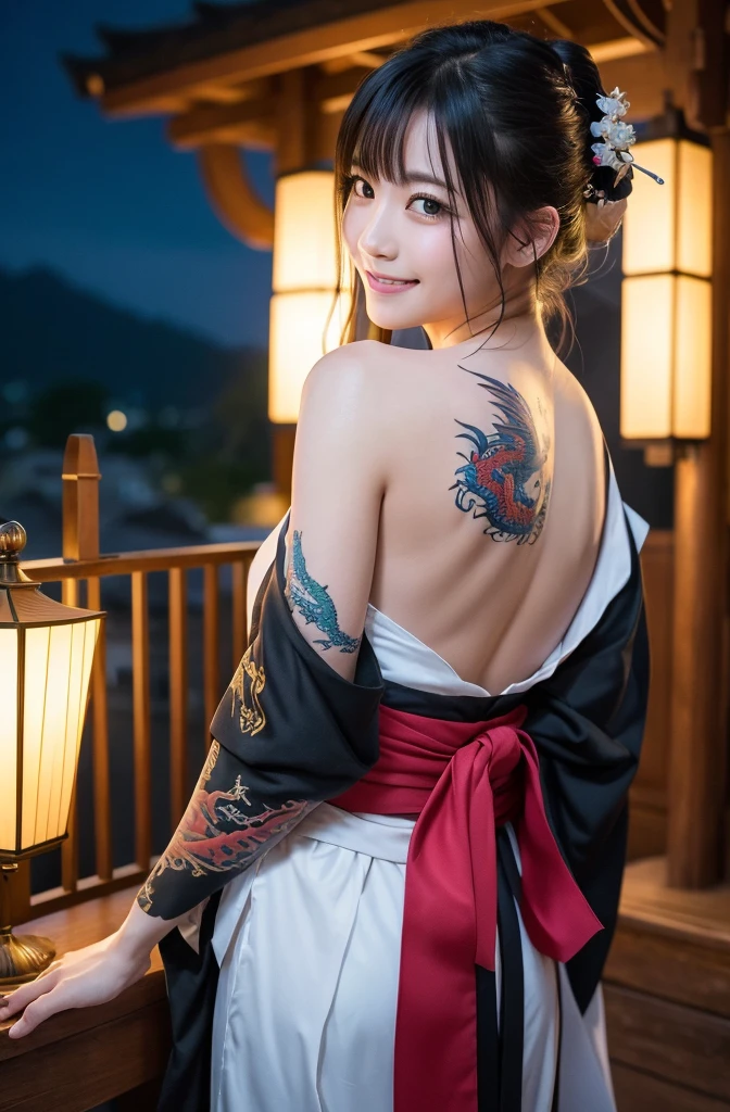 8K Ultra HD, Digital SLR,Film Grain, Fujifilm XT3,(Highest quality:1.3), (masterpiece:1.1), High resolution, Cinematic Light, Intricate details, (Realistic) (Night view) Realistic backlight、ドラマチックなredトーンの光、Beautiful Japanese Geisha full body photo, ((Facial texture Pore details)), Grin、悪魔のようなsmile, Simple messy hairstyle, 伝統的な龍のモチーフが描かれたサテンの黒いkimonoを着て, Open shoulders, Colorful dragon tattoos all over the body, Long blade, Inside a traditional villa,White-hilted Japanese sword, 8k, Front blur,Ultra HD, Digital SLR,Film Grain, Fujifilm(8k, Highest quality, masterpiece:1,2), (Realistic, Realistic:1.37), Very detailed, one person's,), (Very detailed), (Detailed and beautiful eyes), (Highest qualityの), (Very detailed ), (masterpiece), (Detailed face),woman((1)), hair((red, Wavy, length)), eye ((red eye, big eye)), Clothes((kimono,big slit, redい花柄)), accessories ((Earrings, necklace)), Huge breasts, big , smile, background,長いhair,Red Clothes,Cowboy Shot
