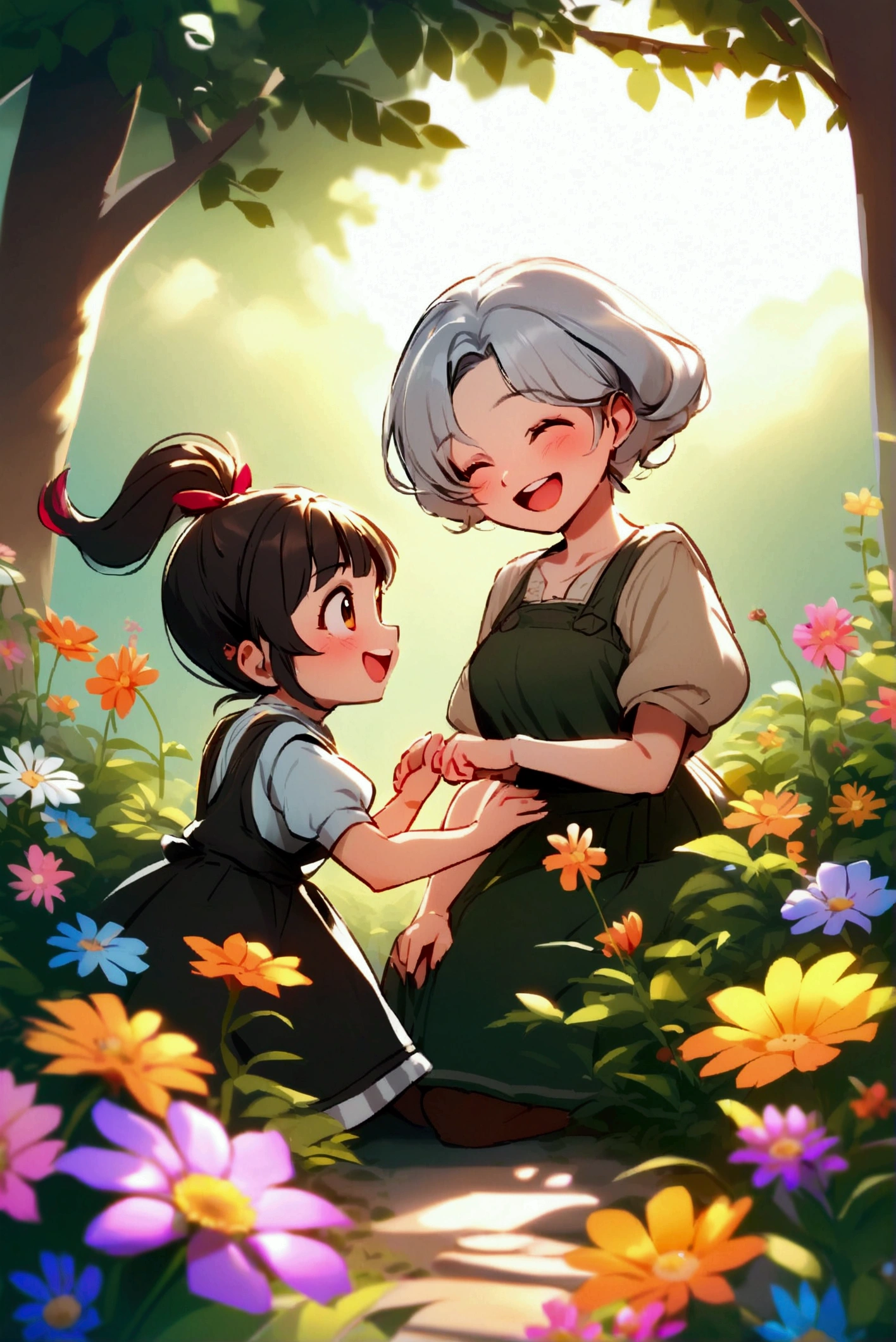 Ria and Her Grandmother
* Prompt: An elderly woman with kind eyes, wearing decent clothes, tending to her home with a by her side. They are both smiling and laughing, surrounded by blooming flowers.
* Style: Warm, nostalgic, and heartwarming.