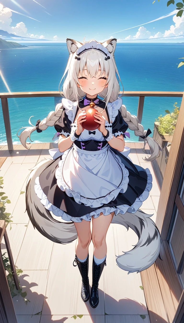 black high boots, tny-atla, closed eyes,tail, bracelets, full body, solo, ((masterpiece)), (best quality), (ultra-detailed), viewer POV, (best illustration), ((an extremely delicate and beautiful)), 1girl, solo, long hair, white tiger ears, [:white tiger tail under:0.2], white hair, two-tone hair, white maid uniform, (lilac maid uniform:1), multicolored maid uniform, cross-laced, standing, closed eyes, smile, black skirt, short sleeves, detailed scenery, blue sky, horizon, low twin braids, twin braids, hair ornament, bracelet, (holding pokeball:0.9), blush, Cute, anime, collar bell. 