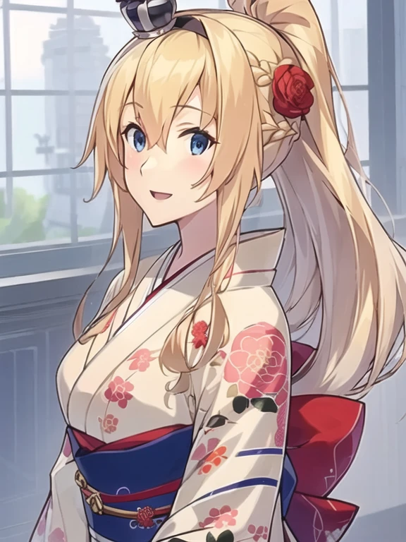 best quality, masterpiece, highres, solo, {warspite_kantaicollection:1.15}, blonde_hair, long_hair, blue_eyes, braid, french_braid, hairband, crown, mini_crown, breasts, hair_between_eyes, smile, flower, large_breasts, 1girl, hair_flower, hair_ornament, kimono, alternate_costume, japanese_clothes, looking_at_viewer, ponytail, red_kimono, alternate_hairstyle, floral_print, red_flower, upper_body