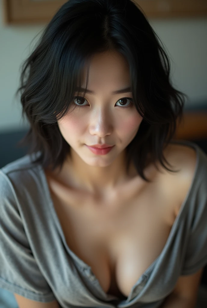 (Highest quality, 8k, 32K, masterpiece, Ultra-high resolution:1.2), Beautiful Japanese Women Photo, Black short hair, natural beauty, (Leaning forward:1.3), (close:1.4), indoors, Look at audience, smug look, slight grin, provocative, Loose fitting T-shirt, cleavage, Blurred Background