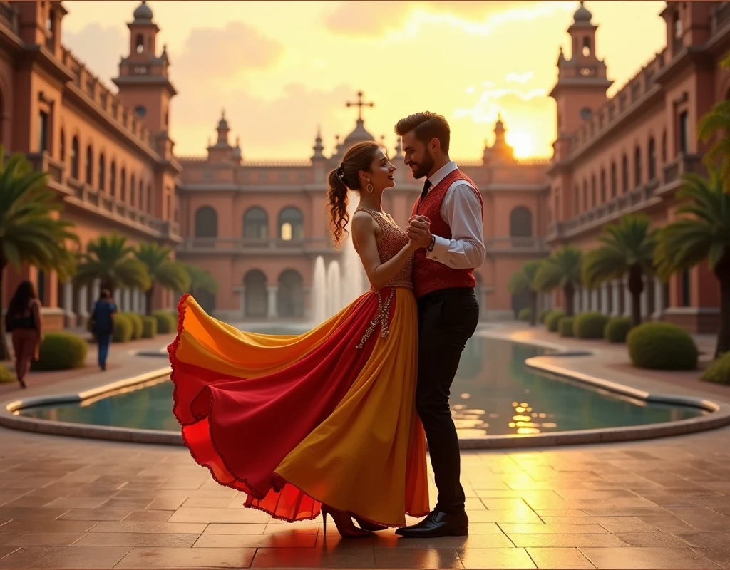 Beautiful couple dancing in Plaza de Espana Sevilla, the woman is wearing red yellow flattering dress with ruffles