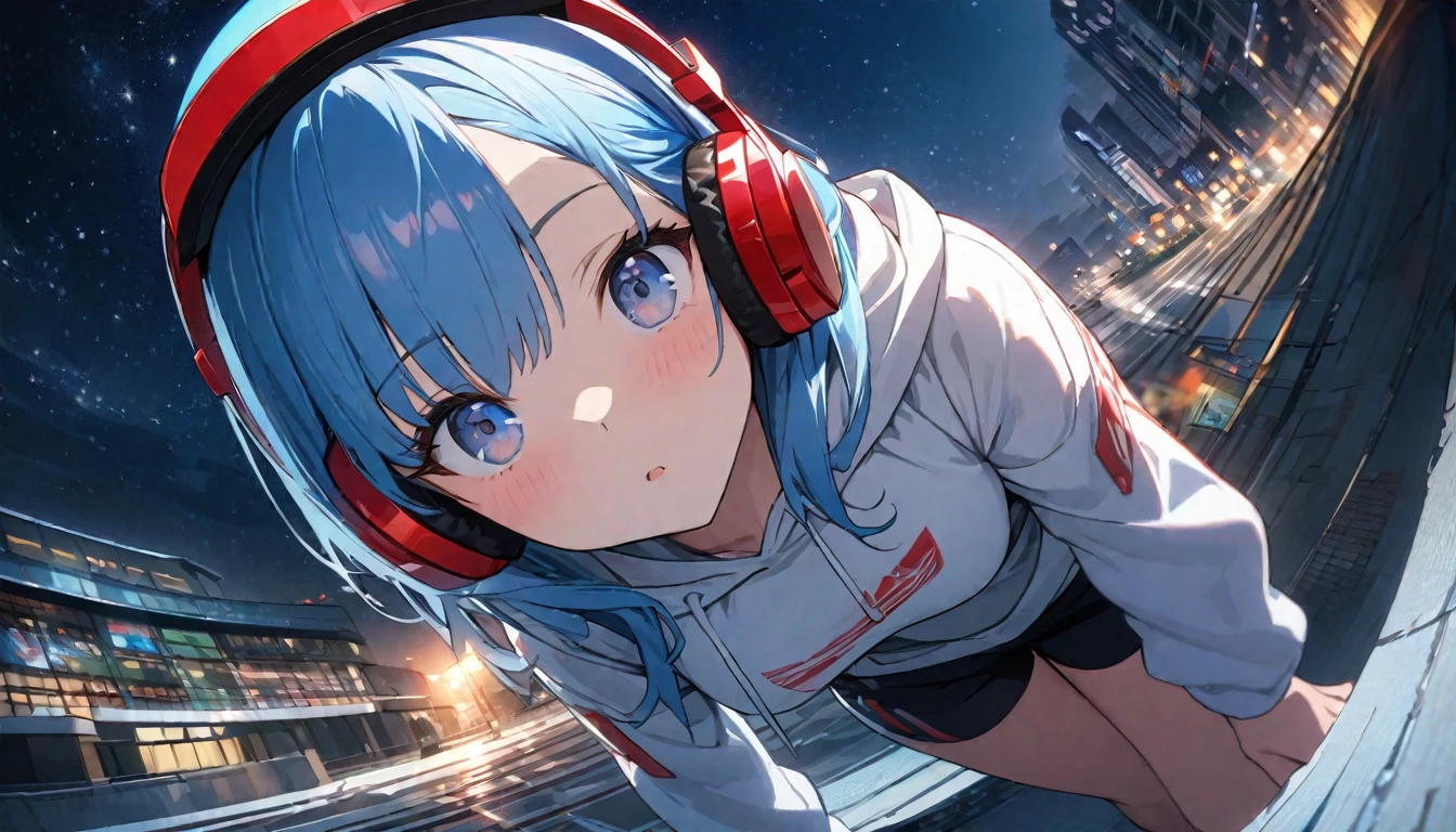 ((Super detailed))/(((masterpiece、An illustration、最high quality)((Super detailed))/),8k HDディテール、Hyper Detail、Cinematic、。---v6、((Amazingly absurd)),超High resolution、Attention to detail、high quality、High resolution、最high quality、4K、8k、1 pretty girl、Blue Hair、eye、White tight hoodie、Red headphones、Black shorts、Night view、Starry Sky、Fisheye Lens。