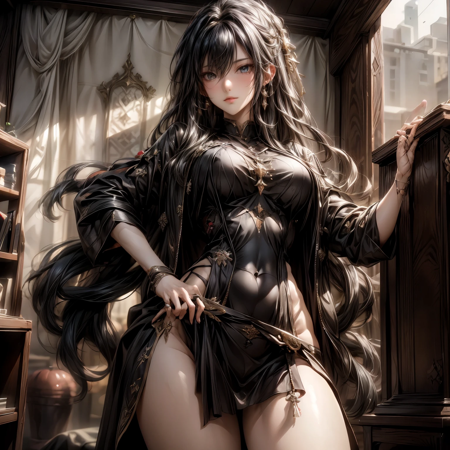 (best quality)), ((Masterpiece)), (details:1.4), 3d, HDR (high dynamic range), an image of a beautiful cyberpunk female, fantasy, medieval, Cyberpunk, black hair, Curtain Bangs, full body, Beautiful White eyes, จมูกโด่ง, ปากแดง, หน้าอกใหญ่, nvidia RTX, PBR surface, After processing, Anisotropic filtration,depth of field, Maximum clarity and clarity, multi-layered surface, Subsurface scattering, perfect proportions, 8K raw files, ultra detailed, Perfect proportions, volumetric lighting, soft lighting, Holy Paldin, Heavy Golden Armor, black dress, intricate Silver embroidery, glossy skin, Bed room Background, jewely, ต่างหู, นิ้วมือสมบูรณ์, perfect fingers, 5 fingers, mini black skirt,
