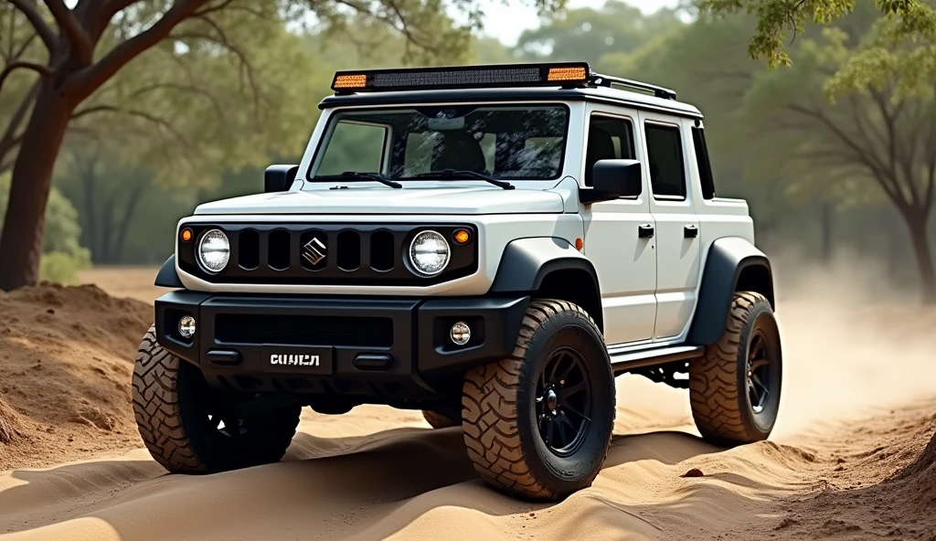showroom park a ((jimny mixed with tesla)), off road truck with modern electric car design, double cabin, ((Shot from behind)), image luck like real and room note a luxury 