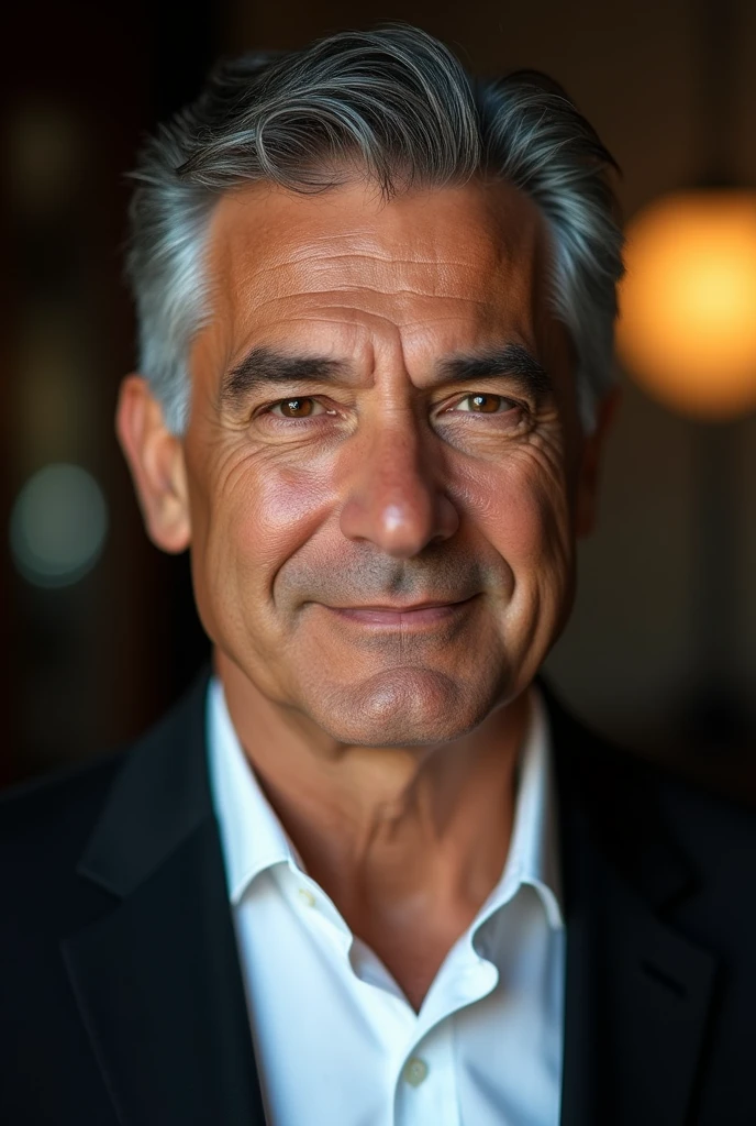 Hyper realistic photo of handsome latino man 40 years old round face cinematic appearance、black hair、Brown jacket、White button-down shirt、kindly smile、Photography, Male perfection, Black eyes, Hyper realistic, 8K - V 4、50-year-old dandy gentleman、Gentle eyes、Gray hair、Looking straight ahead at the camera、Gentle expression