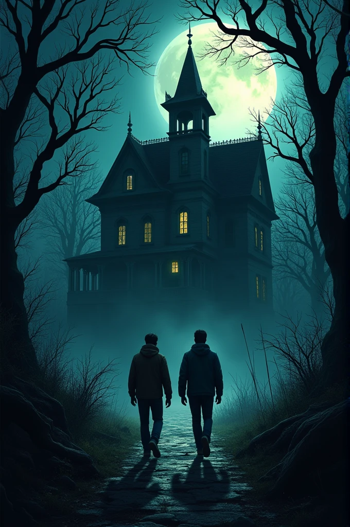 A dark, moonlit night with two young men, Vikram and Raj, cautiously walking toward a large, eerie, old mansion with twisted trees around.