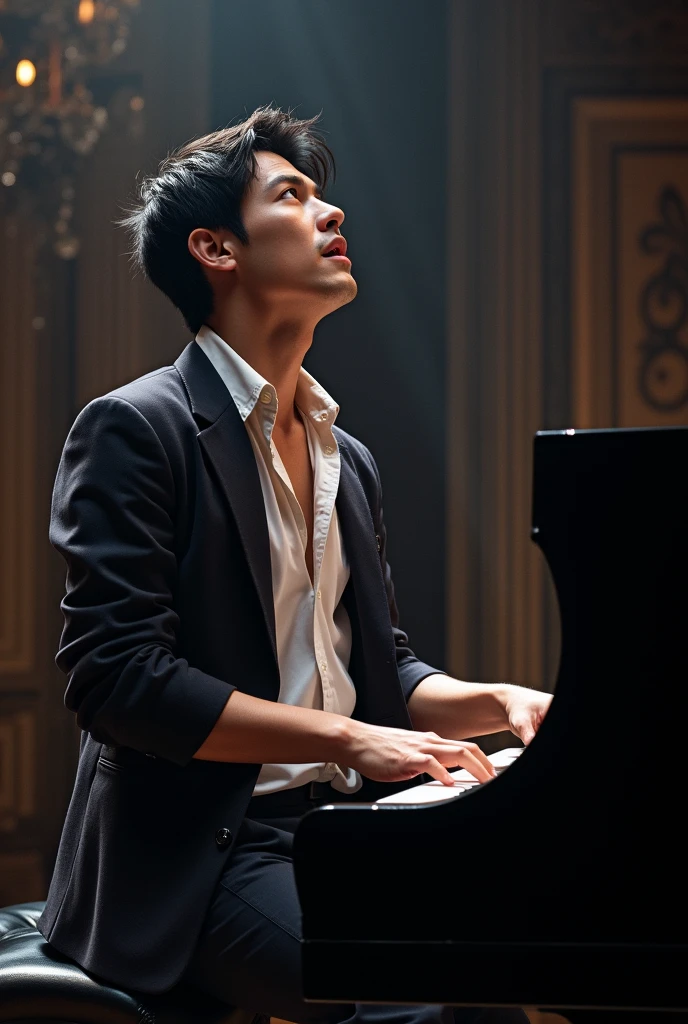 pianist Performing male 30th Generation Black Hair shirt Open-neck jacket Look up