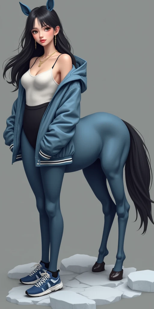 masterpiece,(Best quality:1.3),Centaur girl,lora:Centaur girlV1.0:0.6,(Icefield:1.3),(Head and body 1:9:1.3)Nine-head body,I am a female college student,Elegant, beautiful and elegant,All four legs are wearing student,Bodysuit,White Knit Top Sweater,Sports jacket,Beautiful body,Black and white students,Wearing black,Black Silk,Students wearing fitted clothes,I wear student,((Black work suit: 1.6)),Smooth skin,Black Hair,Perfect facial features,Full breasts,(Gold necklace: 1.4),(All four feet are wearing blue sneakers: 1.6),Fair and translucent skin,Pale skin,Peach-like skin,The milky white porcelain skin of the eggs