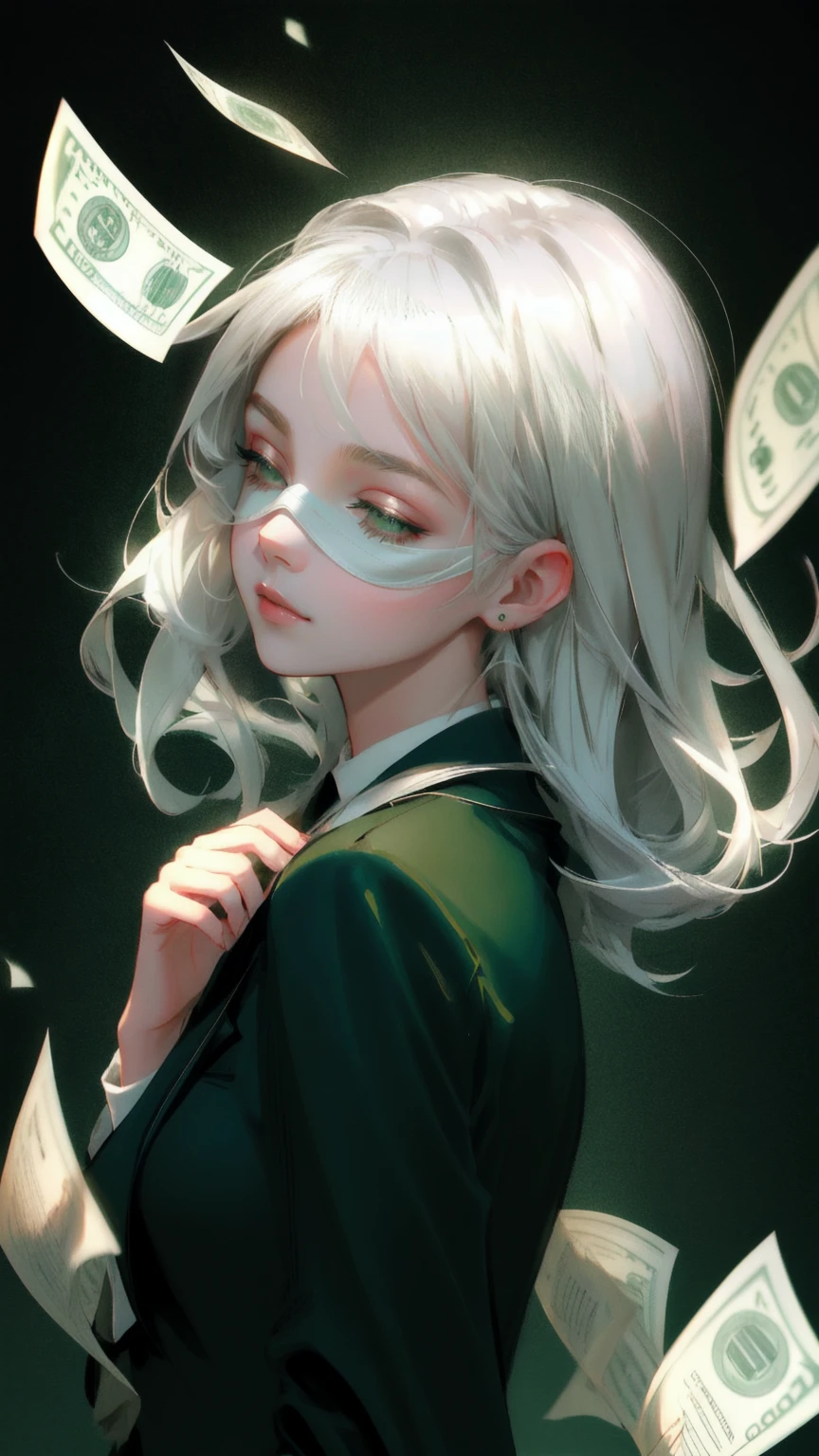 Create an image of a young woman with striking silver-white hair, styled in smooth, sweeping strands that elegantly frame her face. She is thoroughly blindfolded with a dark green cloth, covering both eyes, yet she subtly lifts the blindfold with one hand to sneak a peek. She is dressed in a rich green blazer over a lighter green shirt, enhancing her elegant appearance. Numerous U.S. dollar bills, tinted in various shades of green, float chaotically in the background. The backdrop is a deep green, subtly blurred to focus attention on her enigmatic and mysterious expression."