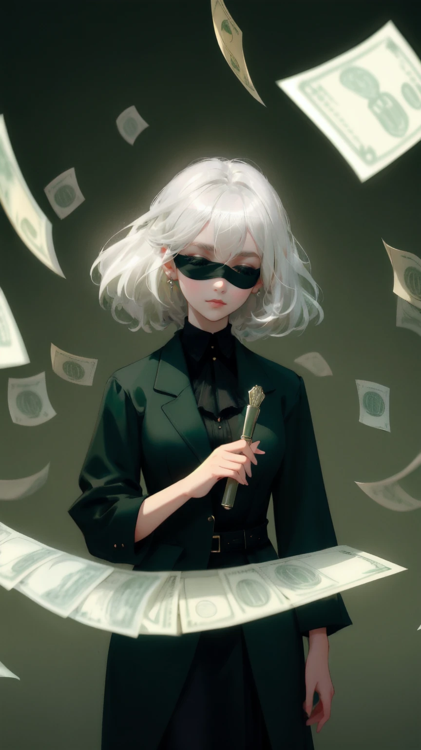 Create an image of a young woman with striking silver-white hair, styled in smooth, sweeping strands that elegantly frame her face. She is thoroughly blindfolded with a dark green cloth, covering both eyes, yet she subtly lifts the blindfold with one hand to sneak a peek. She is dressed in a rich green blazer over a lighter green shirt, enhancing her elegant appearance. Numerous U.S. dollar bills, tinted in various shades of green, float chaotically in the background. The backdrop is a deep green, subtly blurred to focus attention on her enigmatic and mysterious expression."