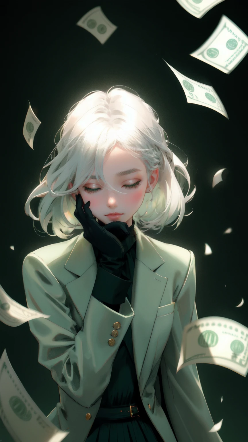 Create an image of a young woman with striking silver-white hair, styled in smooth, sweeping strands that elegantly frame her face. She is thoroughly blindfolded with a dark green cloth, covering both eyes, yet she subtly lifts the blindfold with one hand to sneak a peek. She is dressed in a rich green blazer over a lighter green shirt, enhancing her elegant appearance. Numerous U.S. dollar bills, tinted in various shades of green, float chaotically in the background. The backdrop is a deep green, subtly blurred to focus attention on her enigmatic and mysterious expression."