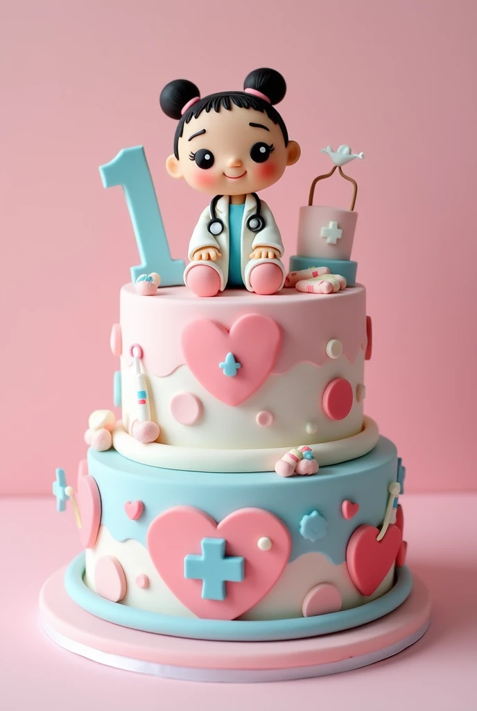 A two tier pink and white cake with doctor theme for 1year old baby girl named Manha
