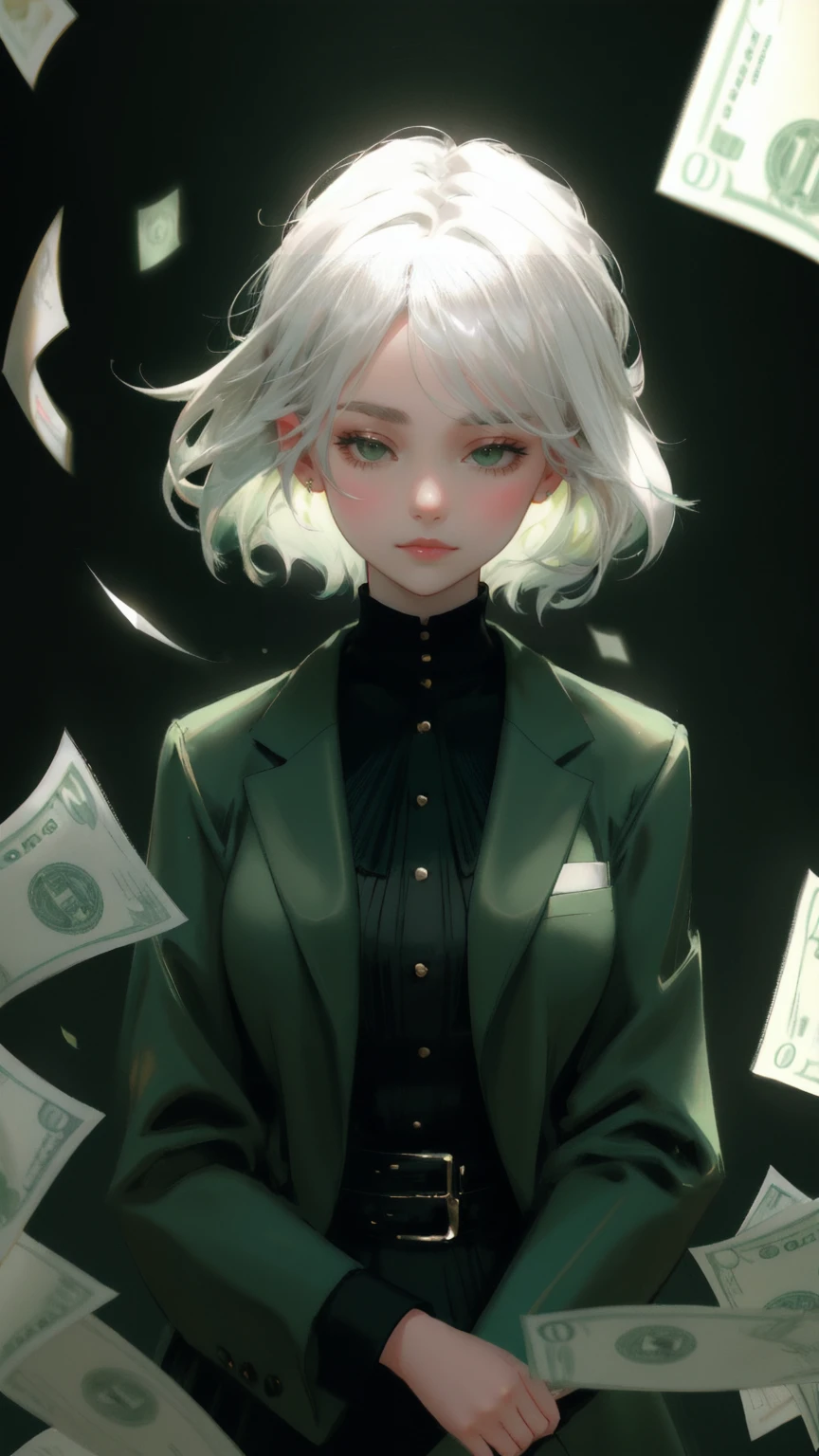 Create an image of a young woman with striking silver-white hair, styled in smooth, sweeping strands that elegantly frame her face. She is thoroughly blindfolded with a dark green cloth, covering both eyes, yet she subtly lifts the blindfold with one hand to sneak a peek. She is dressed in a rich green blazer over a lighter green shirt, enhancing her elegant appearance. Numerous U.S. dollar bills, tinted in various shades of green, float chaotically in the background. The backdrop is a deep green, subtly blurred to focus attention on her enigmatic and mysterious expression."