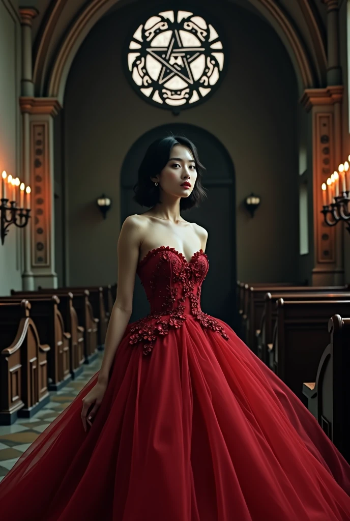 A beautiful Korean woman wearing a red luxury dress, inside a haunted black church black satanic logo background wide shot, realistic, ultra HD 