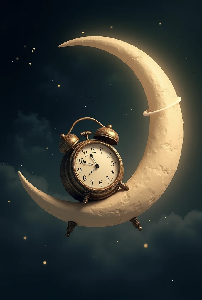 A clock sleeping on a beautiful crescent moon