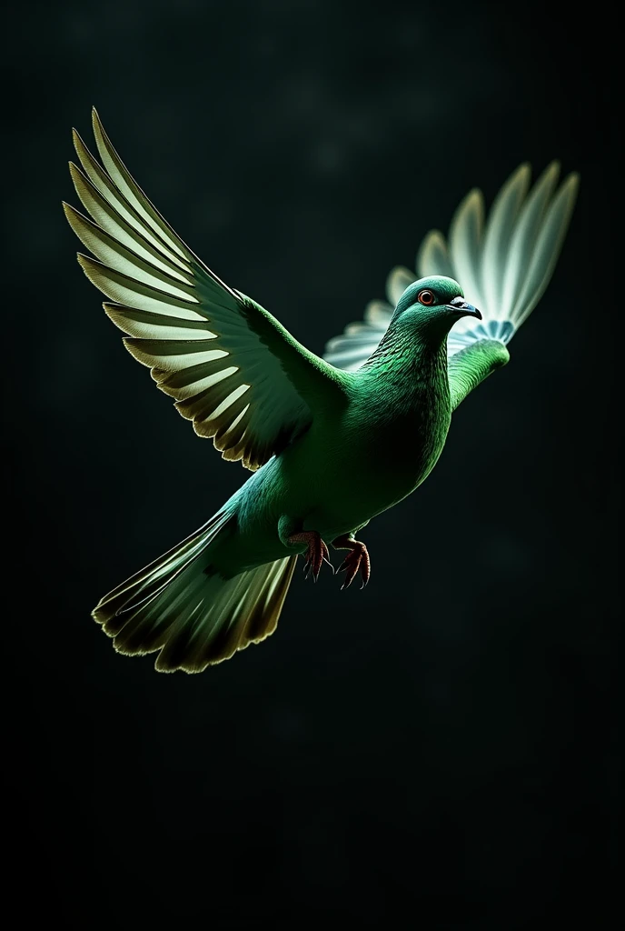 Green and black dove flying with bravery and caliber .50 on black background