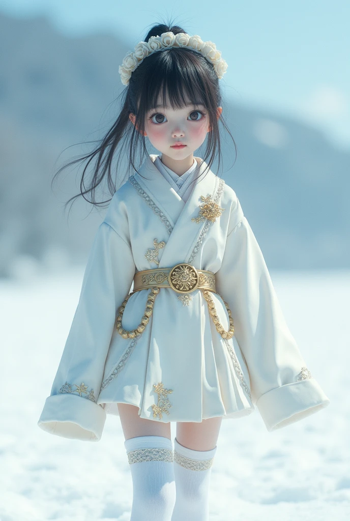 1 Japan Beautiful Girl、Departing on a morning of determination、Cute beautiful girl'Serious expression、Long face、Her eyes are big、that'Shrunken and cute.、whole bodyまっ白のゴスファッション、Intricate gold decoration、gold garter belt、White knee-high socks、The background is a light blue snowy landscape、high quality, Realistic photo-like、whole body、Standing posture