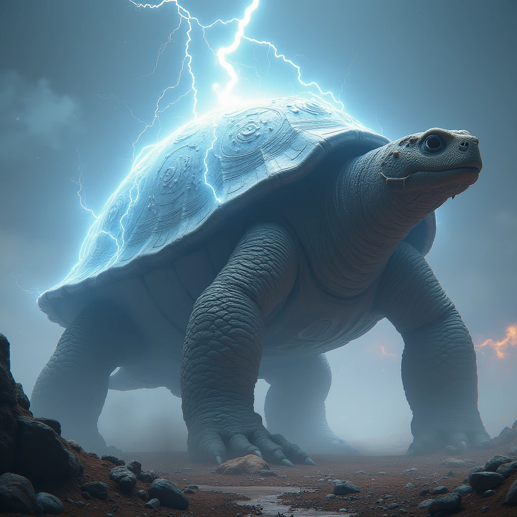 A giant dragon-like turtle,  3D Rendering, Ultra-fine detail, high quality, High resolution, 最high quality, Pale lightning around a turtle,Giant photochemical shield,Deploy a shield around the turtle