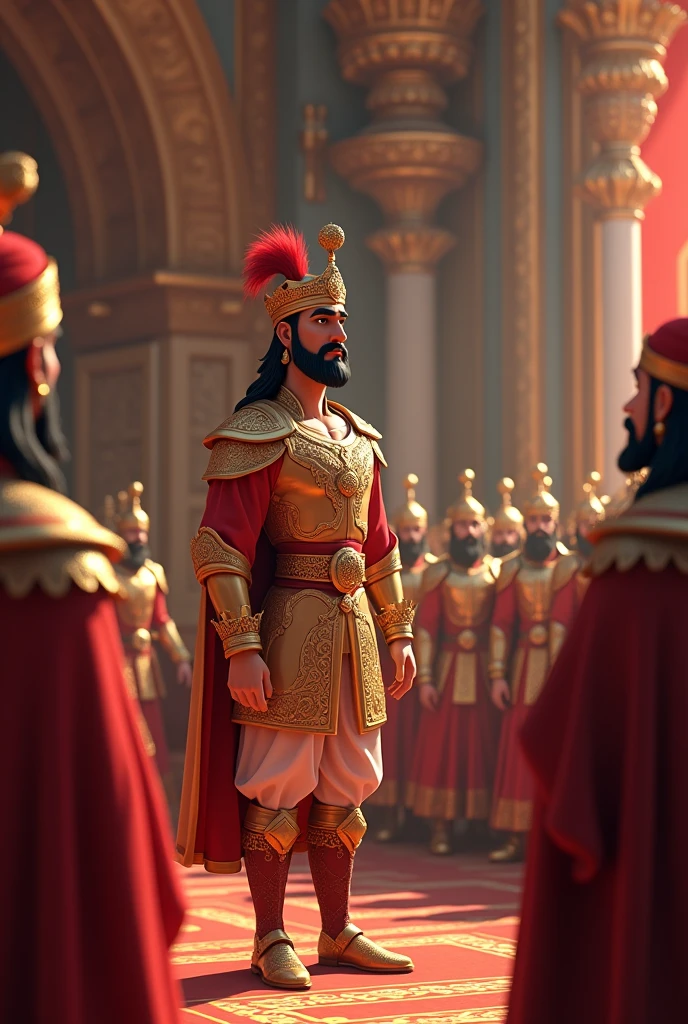 In cinematic 3d cartun style'दृश्य: मेवाड़ में एक शाही दरबार की स्थापना, जहाँ महाराणा प्रताप अपने दरबारियों और रणनीतिकारों को संबोधित करते हुए दिखाई देते हैं।