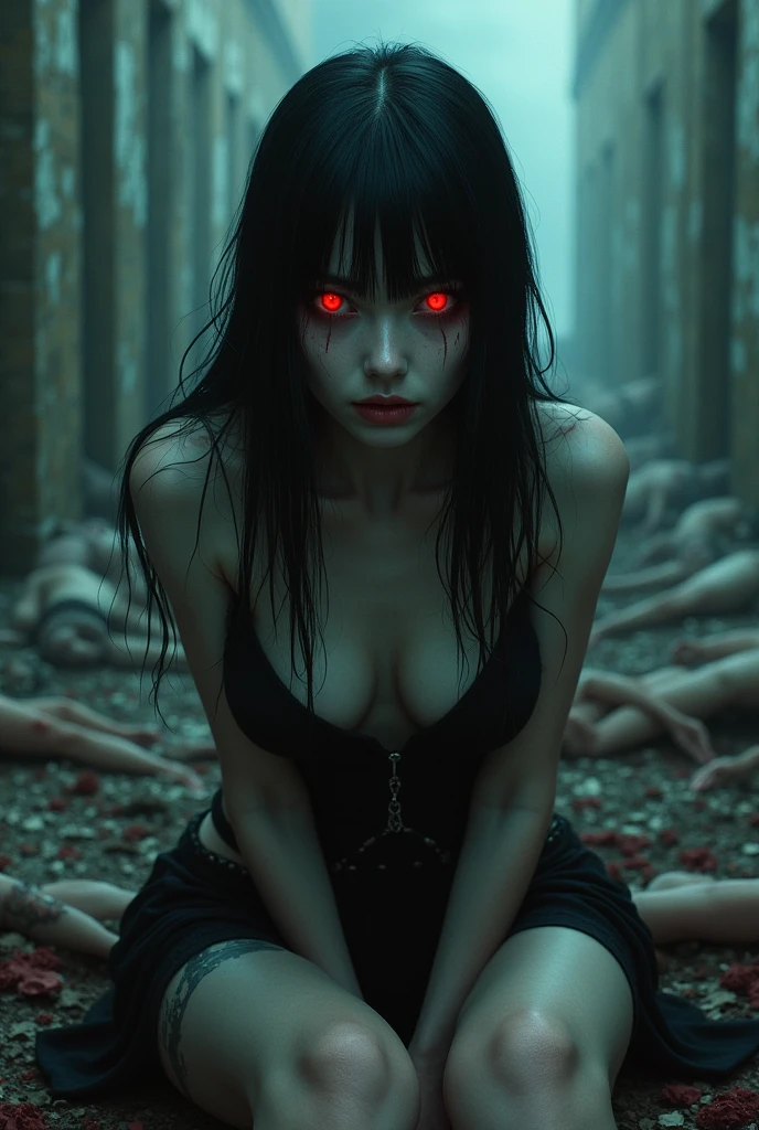 creepy kazakh woman with strange appearance, zombie-like stunningly beautiful, sitting in a nightmare, a crumbling experimental facility, with dark black hair, demonstrating full, straight bangs, red glowing eyes, that pierce the soul, dressed in a short ensemble, her emotionless look, Apparently, inviting with a dark charm, amidst a backdrop of decomposing bodies, dark manga influence, Close-up
