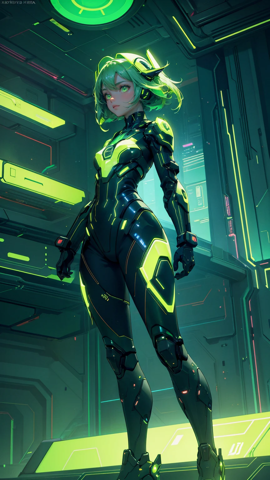 A beautiful, cute girl in a futuristic green outfit with glowing accents, launching into the sky with rocket-like energy from her boots. Her attire is metallic and sleek, designed in shades of green with glowing lines and circuit-like patterns, resembling a high-tech robotic theme. The background is a deep green futuristic cityscape with digital elements, illuminated by bright green lights, data graphs, and neon-lit skyscrapers. Stars and digital sparks fill the sky, creating an energetic and high-tech atmosphere. The entire scene is bathed in various shades of green, emphasizing a cybernetic, sci-fi ambiance that is both vibrant and captivating
