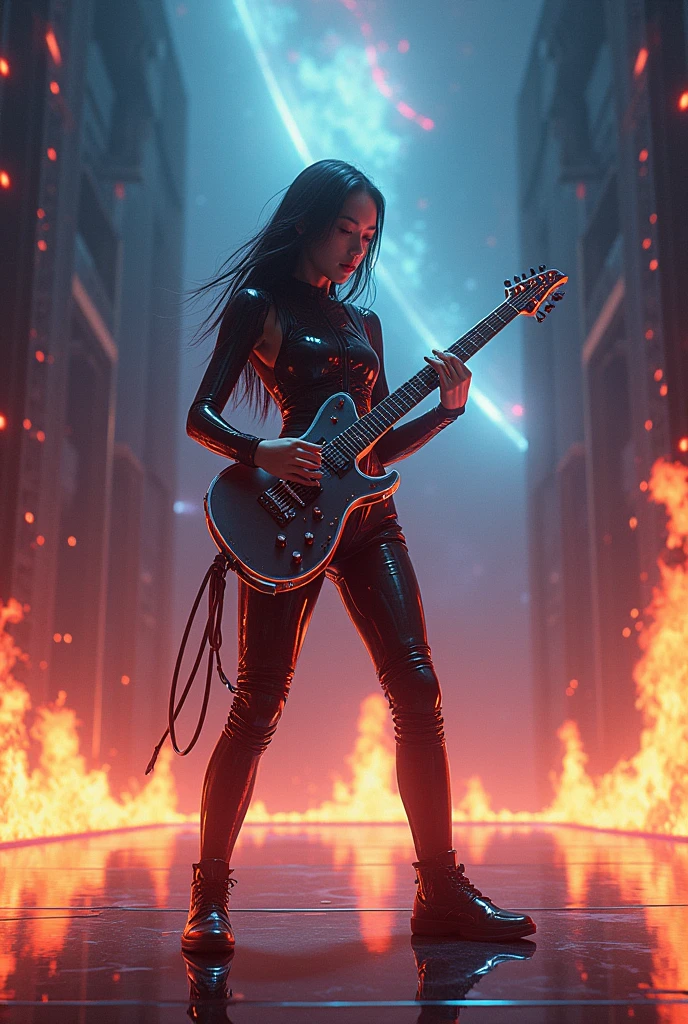 Create an image of an Asian woman wearing a futuristic outfit holding a guitar at a rock concert where the stage is in space and there are flames of fire on the sides of the stage 