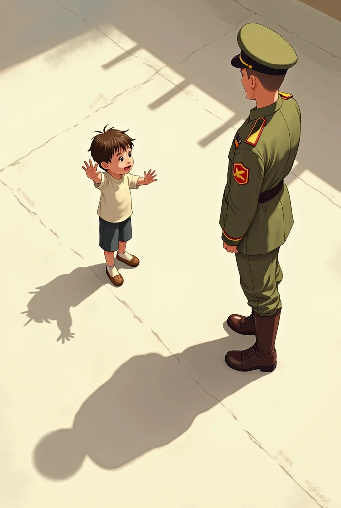 Paint a child standing in front of and waving to a soldier, child’s shadow look like a soldier