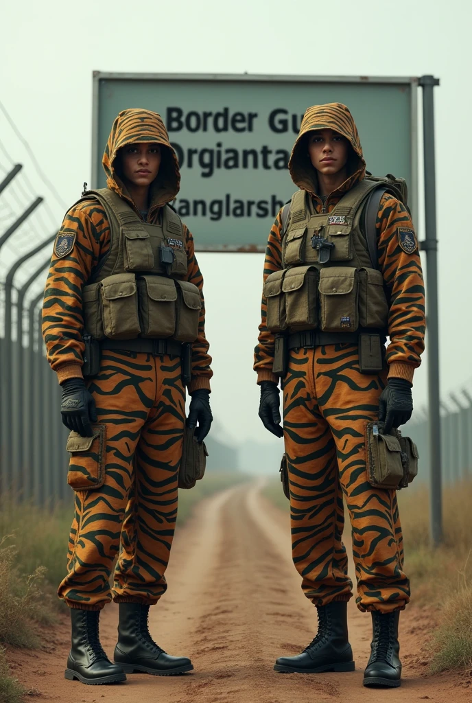 Two troops stand together near the border fence. their uniform is same as Tiger's skin design. in the background, there has a signboard where has a Text as "Border Guard Bangladesh"