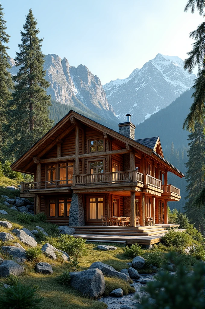 House in a mountainous forest made of wood with large windows
