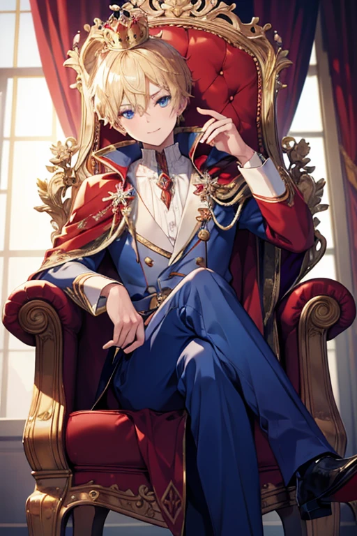 masterpiece, Highest quality, Very detailed, 16K, Ultra-high resolution, Perfect Fingers, Detailed face, One Boy, blue eyes, Blonde, smile, Red Cape, Luxurious clothes, crown, royal palace, Sitting on the throne