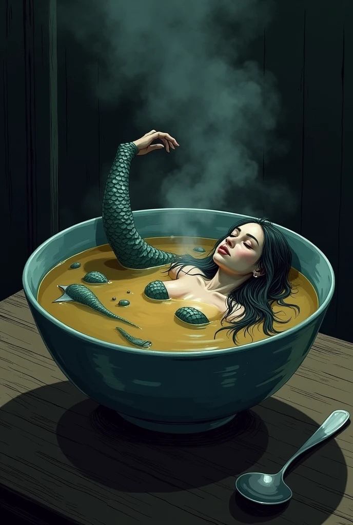 A dark, surreal illustration of a bowl of soup containing pieces of a mermaid. The soup is thick and steaming, with segments of the mermaid’s tail, fins, and a hand partially visible above the surface. The mermaid’s head is peeking out from the side of the bowl, her eyes closed as if asleep. The scene is eerie and unsettling, with a mixture of fantasy and horror. The bowl sits on a dark wooden table, with dim lighting casting shadows that enhance the mysterious and macabre atmosphere.