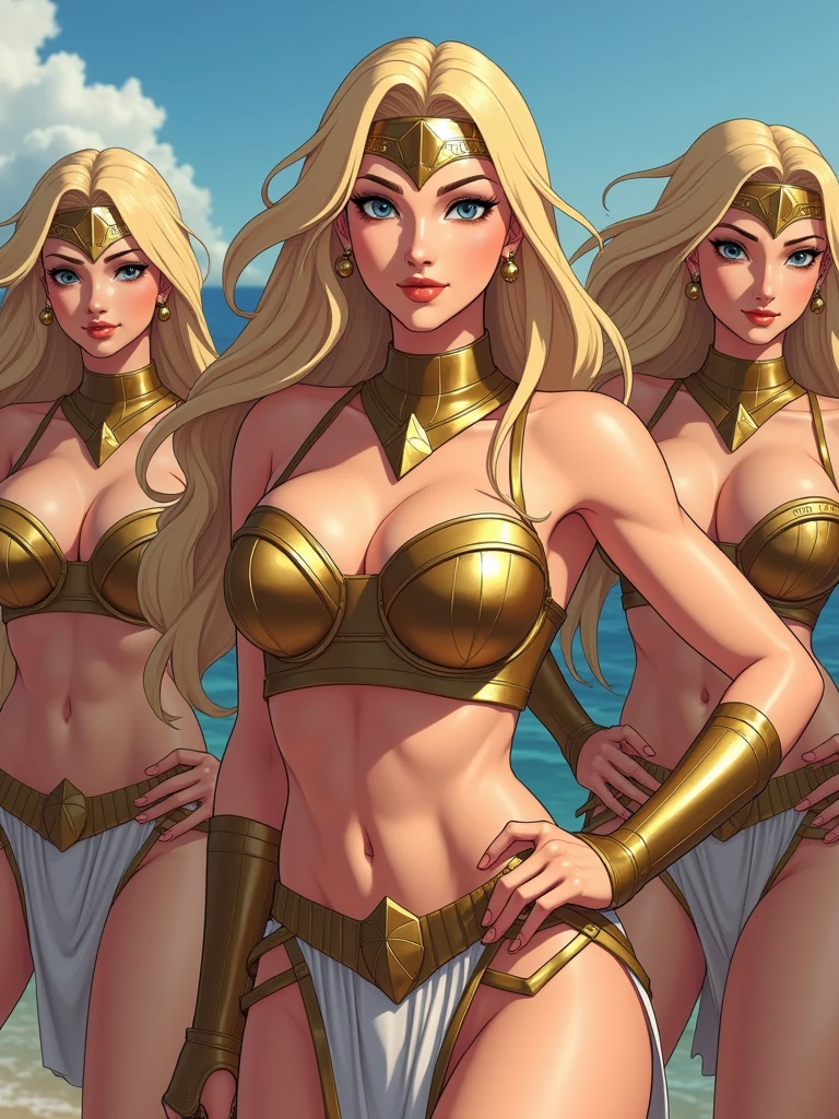 tapered waist, Assembly of many beautiful amazons, white skin, All Women, their scene is rendered in semi realistic anime style , previous amazons in background, amazons have the toned hourglass waists chest abs, cup size H, blonde hairs, light eyes, UHD, coastal tones, best quality, DSLR, accessories: belts clasps buckles, seductive, their armor are bright metallic golden with white flowers details.