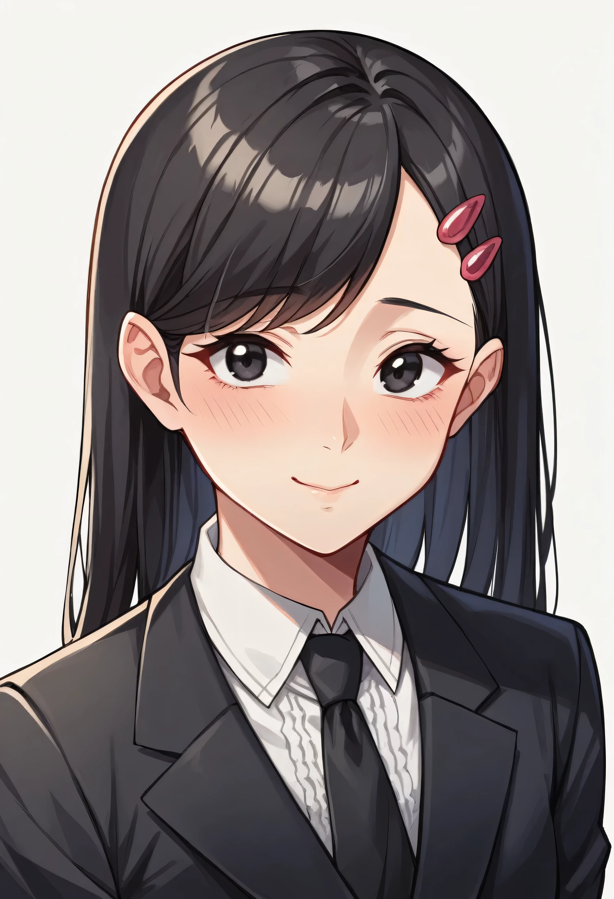 1girl, Japanese, black hair, black eyes, double red hairpins in her front hair, beautiful, shy smile, white blouse, black suit, black tie, good girl, Closer distance face, Closer distance head, hd, high quality, Hyperdetail, Glorious, Precious, Details, Good Visual, 8k resolution