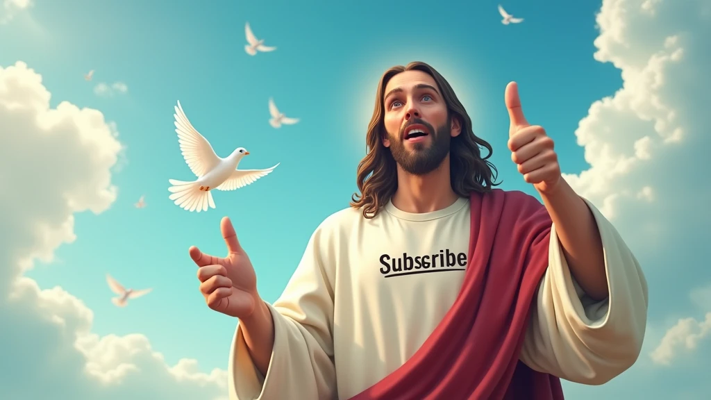 THUMBNAIL for youtube jesus giving a thumbs up with a sign saying subscribe in the middle of the screen with a background of blue sky and clouds and white doves I want you to  