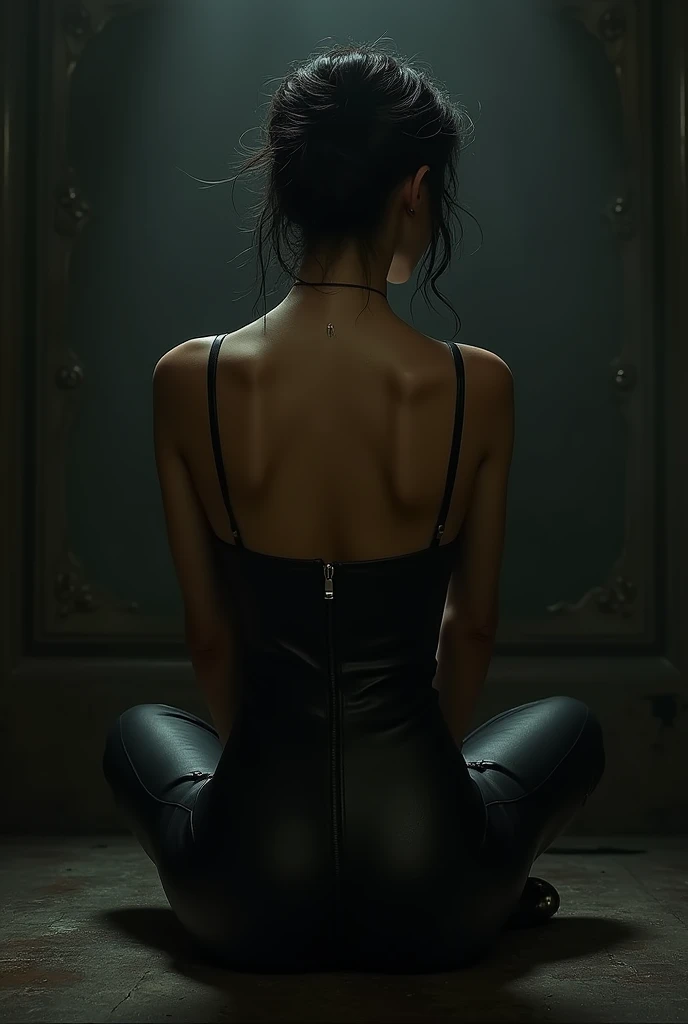 Femme de dos assise, vêtement en cuir moulant,
