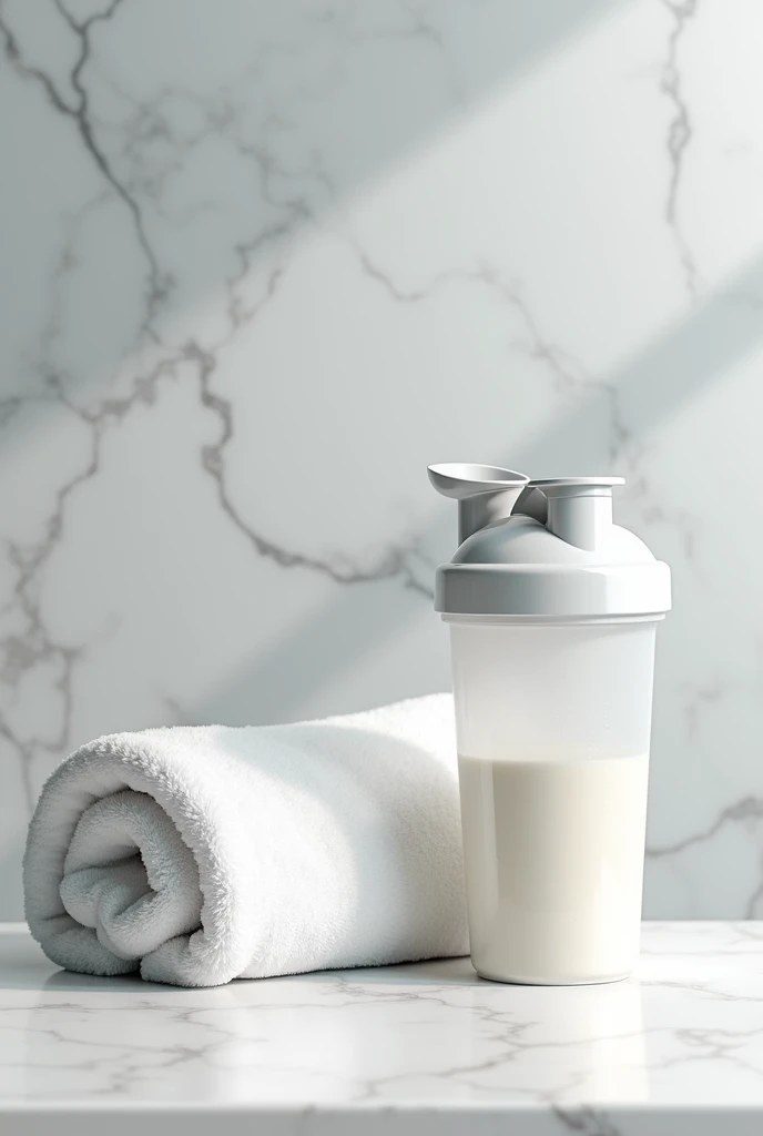 Protein shaker and towel on a marble table、Ultra HD