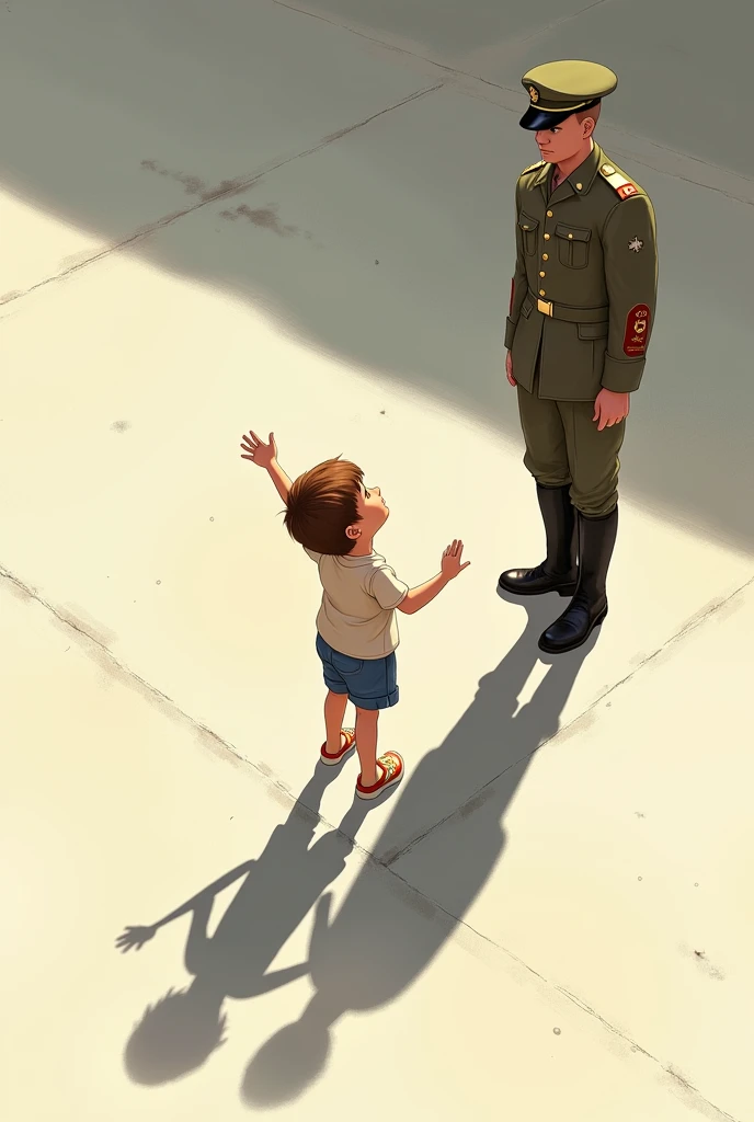 Paint a child standing in front of and waving to a soldier, child’s shadow look like a soldier